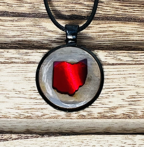 State of Ohio 3 D Wood Pendant Resin Necklace Scarlet and Gray