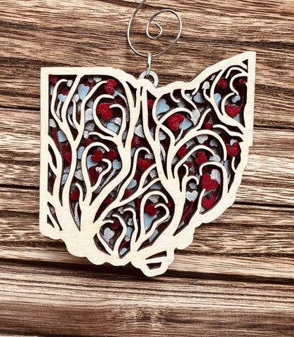 Ohio All My Heart Scarlet and Gray 3 D Multilayered Wood Ornament