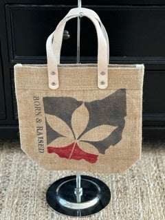 Jute Tote Bag  Ohio Design Leather Handle - Small