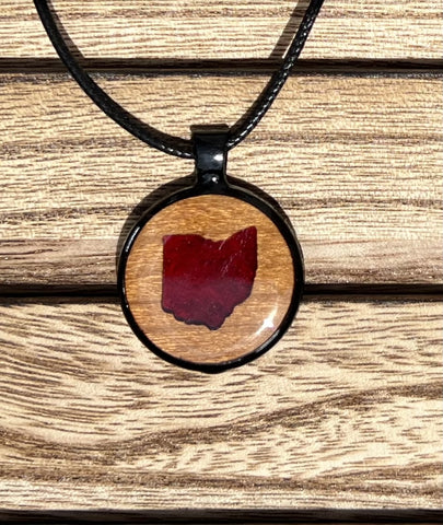 State of Ohio 3 D Wood Pendant Necklace